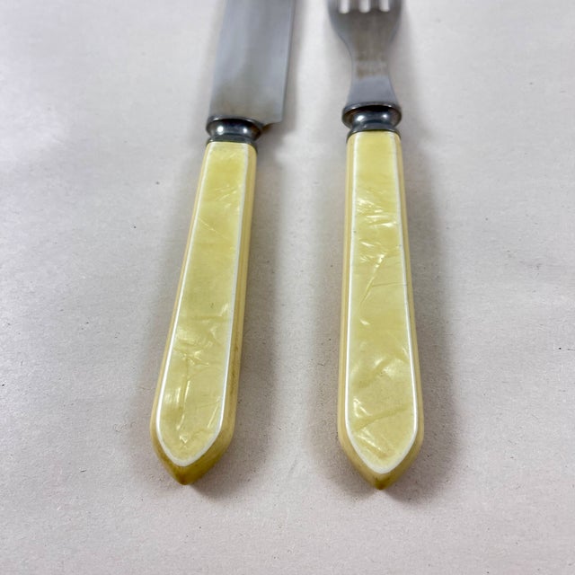 1930s Sheffield Art Deco Pearlized Yellow Bakelite Flatware, Service for 12 For Sale - Image 10 of 12