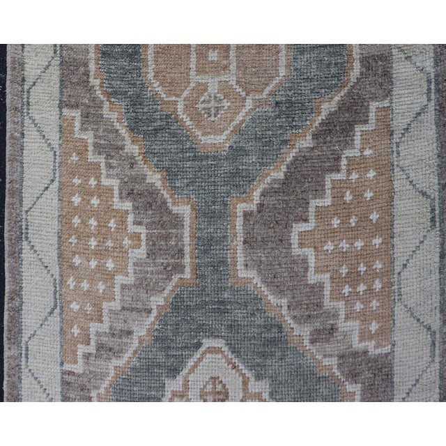 Long Turkish Oushak Runner With Soft Green Field and Beige Medallions For Sale In Atlanta - Image 6 of 16