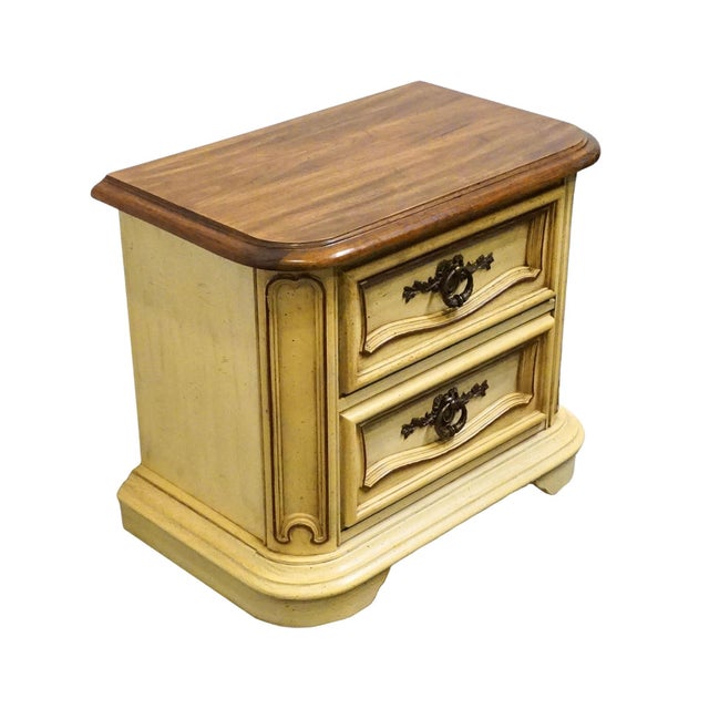 Stanley Furniture Stanley Furniture Solid Pecan Antiqued Yellow Cream Painted Mediterranean 27" Two Drawer Nightstand For Sale - Image 4 of 11