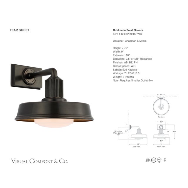 2020s Chapman & Myers for Visual Comfort Signature Ruhlmann Small Sconce in Bronze with White Glass For Sale - Image 5 of 6