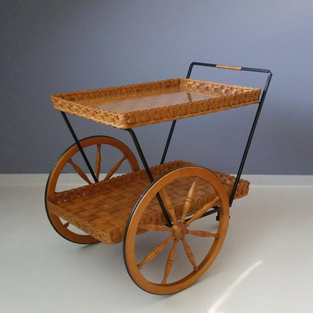 Mid-Century Metal, Wood, and Rubber Trolley, 1950s For Sale - Image 4 of 12