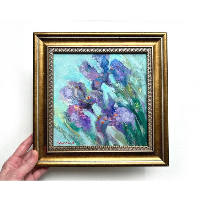 Wood Framed Flower Blue-Violet Irises Original Painting by Artist Valeriya Serova For Sale - Image 7 of 11