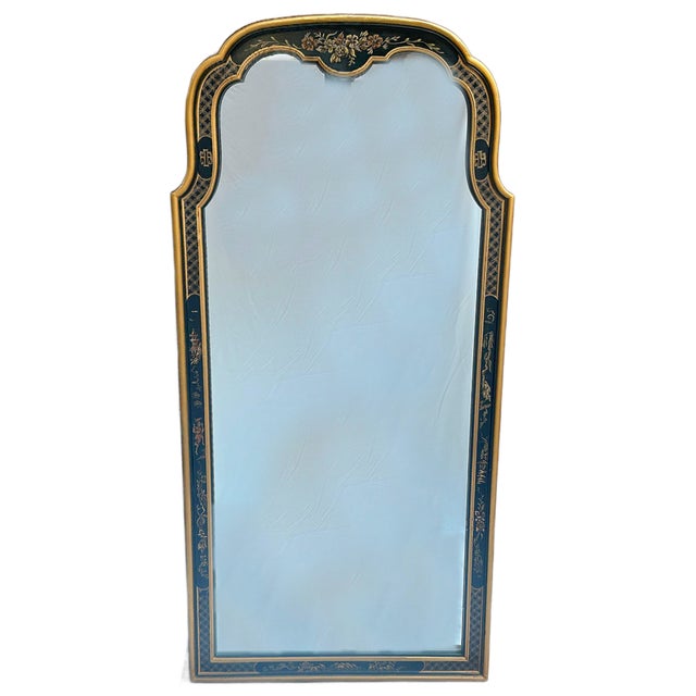 1970's Drexel Heritage Chinoiserie Black and Gold Hand Painted Wall Mirror For Sale - Image 10 of 14