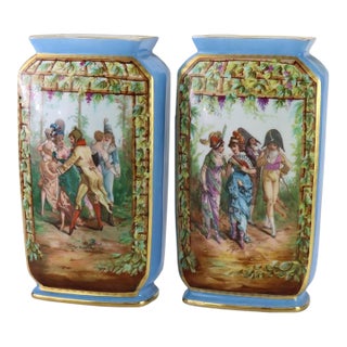Pair of Antique Old Paris Porcelain Vases With Genre Scene Panels C1890 For Sale