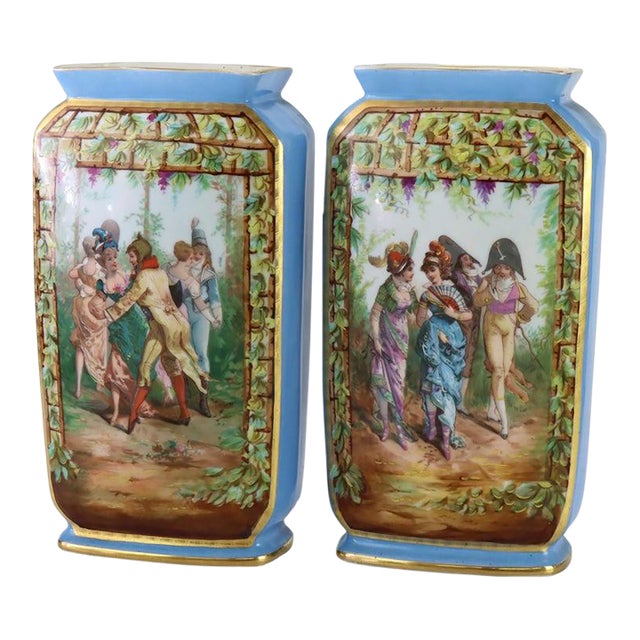 Pair of Antique Old Paris Porcelain Vases With Genre Scene Panels C1890 For Sale
