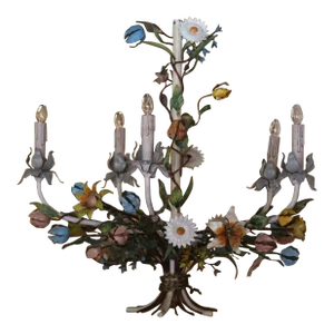 Early 20th Century French Metal and Painted Floral Five-Light Chandelier