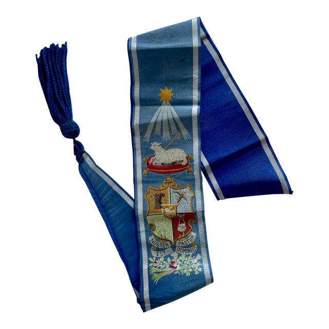 Antique Blue Jacquard Woven Silk Decorative Sash - For Sale