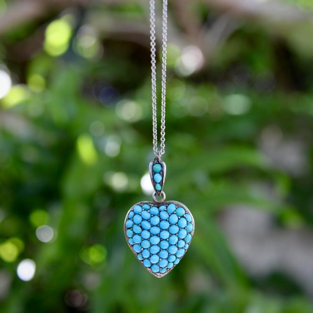 Turquoise Late 19th Century Victorian Sterling Silver Pave Turquoise Heart-Shape Locket For Sale - Image 8 of 8