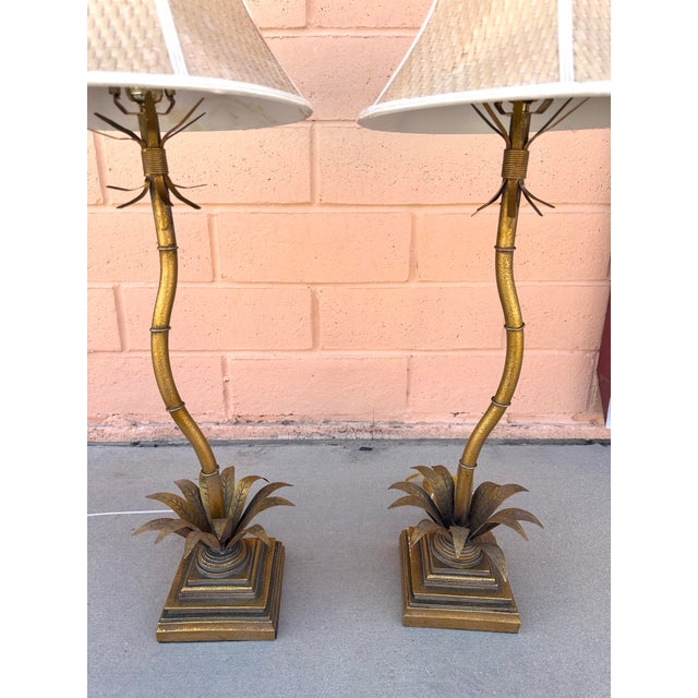 Vintage Gold Palm Tree Table Lamp w/bamboo weave Shade. Metal Toile leafs with a curved shape tree trunk. I have sold this...