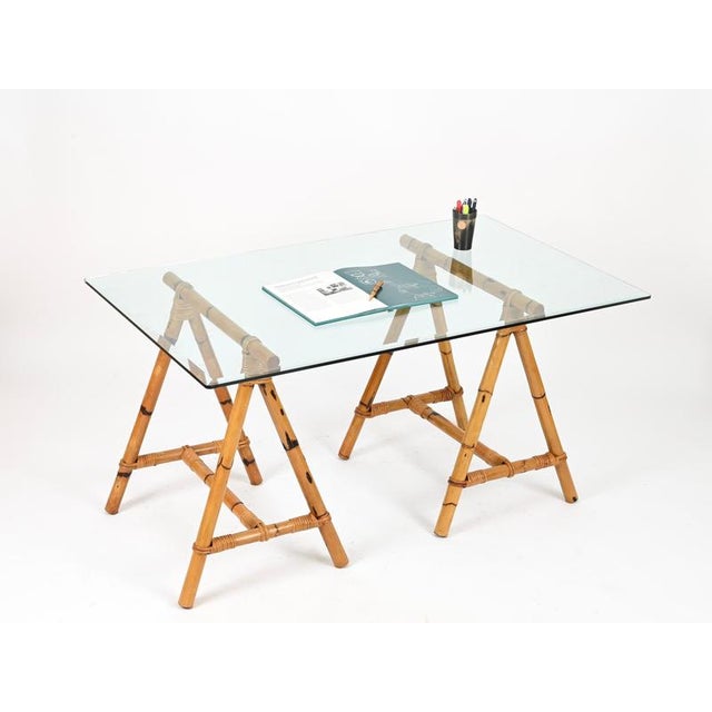 Spectacular pair of organic trestles in a beautiful combination of bamboo, curved rattan and hand-woven wicker. These...