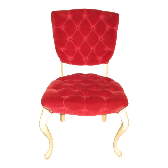 1950s French Provincial Cream Wood Side Chair in Tufted Red Velvet For Sale