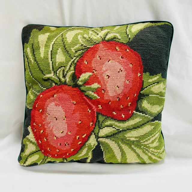 Late 20th Century Needlepoint Strawberry Pattern Pillow For Sale - Image 4 of 4