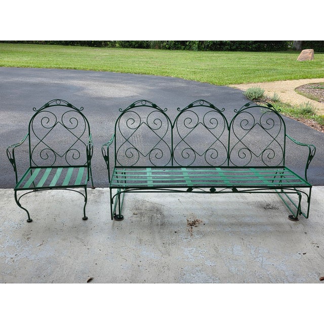 1950s Meadowcraft Style Vintage Outdoor Wrought Iron Sofa & Chair, 2 Pieces For Sale - Image 5 of 9