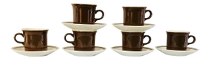 Midcentury Brown Stoneware Tea/Coffee Mugs and Saucers 12 Pieces