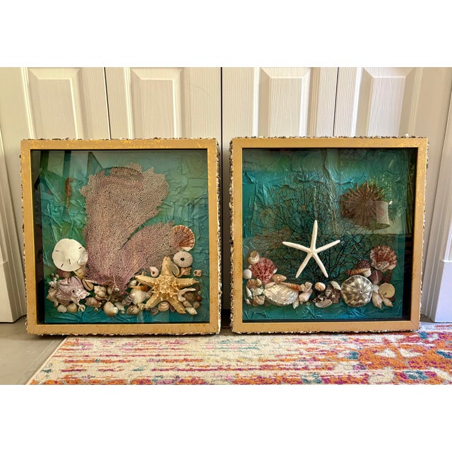 Cerulean Vintage Seashell Collage Shadow Boxes -a Pair For Sale - Image 8 of 12