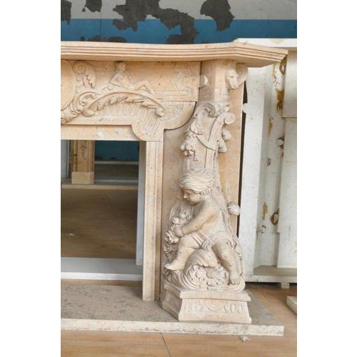 Hand-Carved Fireplace Mantle with Cherubs and Shield Cartouch For Sale - Image 3 of 7
