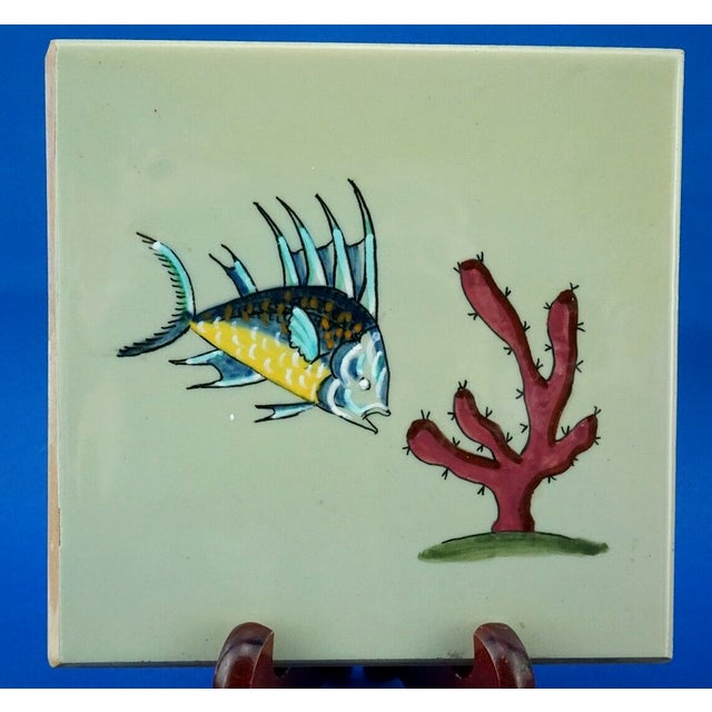 Ceramic Deco Majolica Tiles with Marine, Boat, and Fish Motif by Elso Sora for Ama Pesaro, Italy, 1950s, Set of 2 For Sale - Image 7 of 18