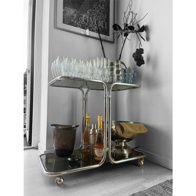 Bauhaus Bar Cart in Chrome & Smoked Glass, Czechoslovakia, 1960s For Sale - Image 11 of 15