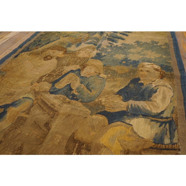 17th Century 1650s Green Figural Scene Flemish Tourani Tapestry Rug 2'9" X 7' Flatweave Wook Silk Carpet For Sale - Image 5 of 6