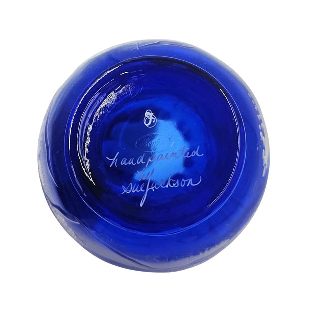 Mid-Century Modern Vintage Fenton Art GLASS-Winter Scene-Cobalt Ruffled Rose Bowl For Sale - Image 3 of 5