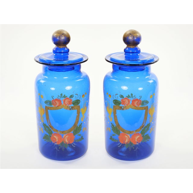 Mid-20th Century Italian Gilt and Hand-Painted Cobalt Blue Glass Apothecary Jars For Sale - Image 18 of 18
