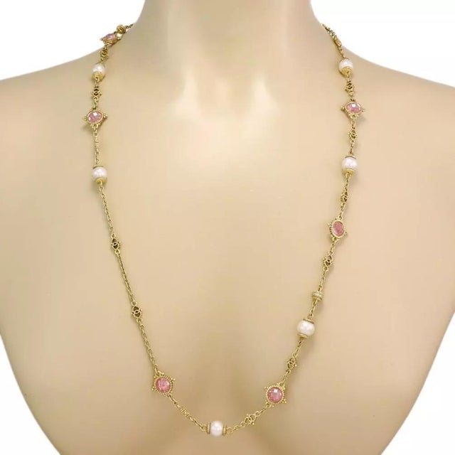 1990s Judith Ripka Diamond Pearls Pink Crystal 18k Yellow Gold Long Necklace For Sale - Image 5 of 5