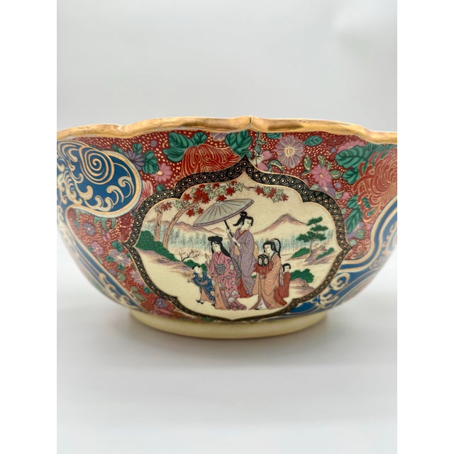 Late 19th Century Large Meiji Satsuma-Style Centerpiece Bowl With Shishi Lion-Dog & Figural Panels, C. 1890 For Sale - Image 5 of 11