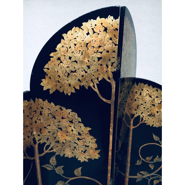 1980s Asian Art Deco Revival Black and Gold Leaf Room Divider, 1980s For Sale - Image 5 of 18