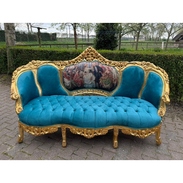 1900 French Artisan Louis XVI Blue Velvet Sofa Set-3 Pc For Sale - Image 9 of 15