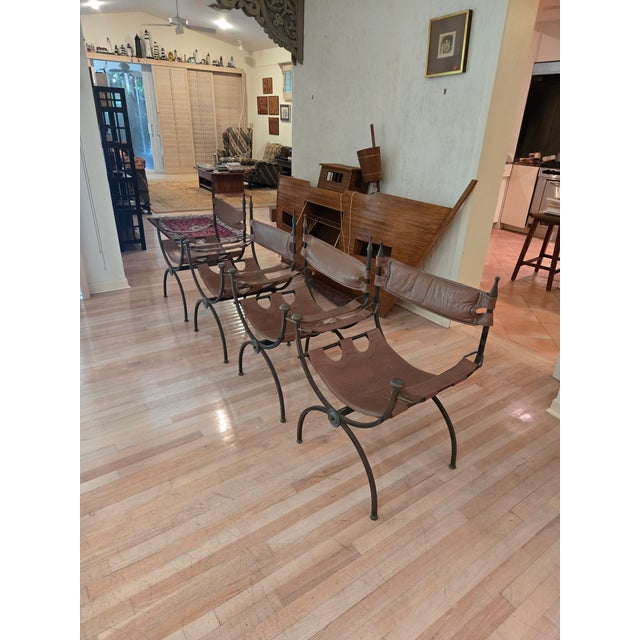 Italian Mid Century Wrought Iron and Brass Savonarola Chairs - A Set For Sale - Image 3 of 11