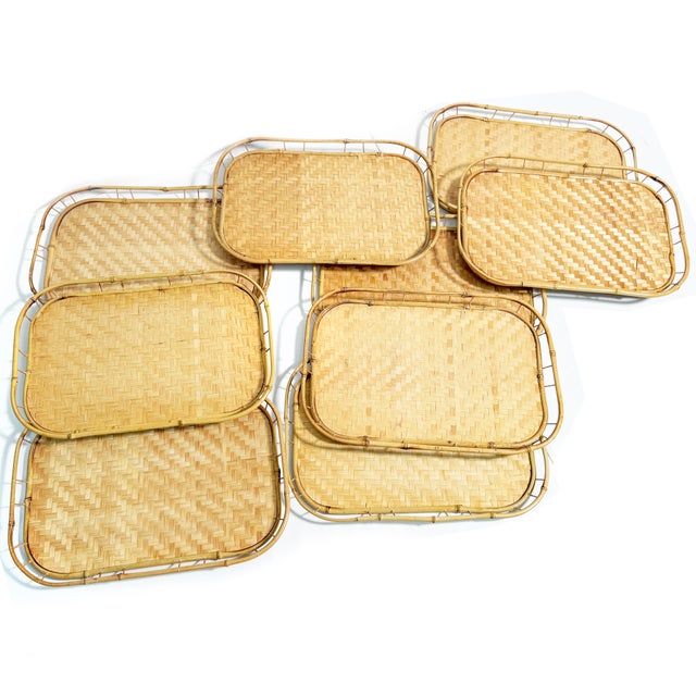 Vintage set of 9 bamboo and woven rattan tiki serving trays. This set is perfect for serving guests at a tiki luau,...