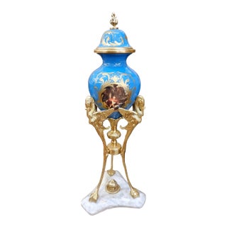 French Blue Porcelain Vase With Gold Leaf Details & Ornate Gilt Bronze Figural Mounts For Sale