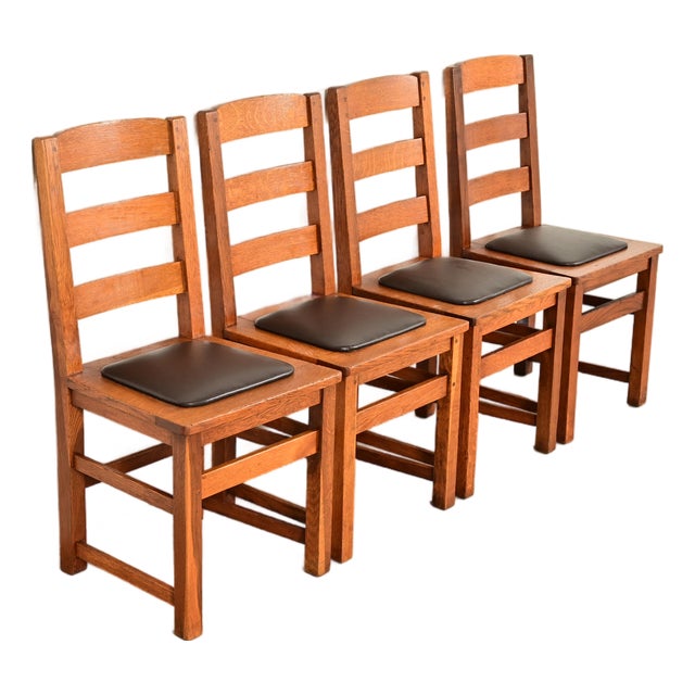 Limbert Antique Mission Oak Arts & Crafts Ladder Back Dining Chairs, Set of Four For Sale