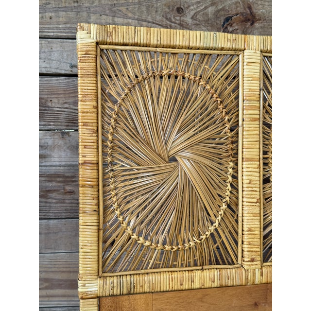 Bring effortless Old Florida charm to the bedroom with this stunning vintage king-size sunburst rattan headboard....