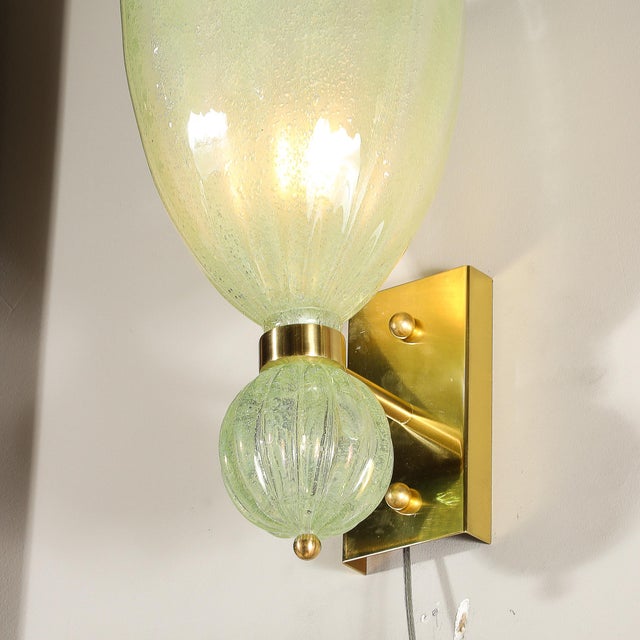 Pair of Modernist Pale Jade Hand-Blown Murano Glass Sconces W/ Brass Fitting For Sale - Image 10 of 12