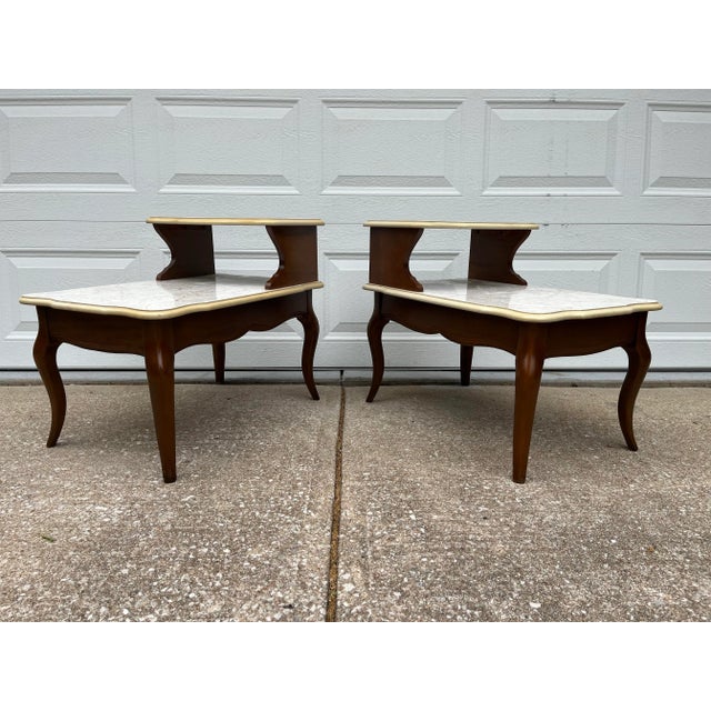 Mid Century Modern Walnut and Faux Marble Two-Tiered Side End Tables- Set of 2 For Sale - Image 6 of 12