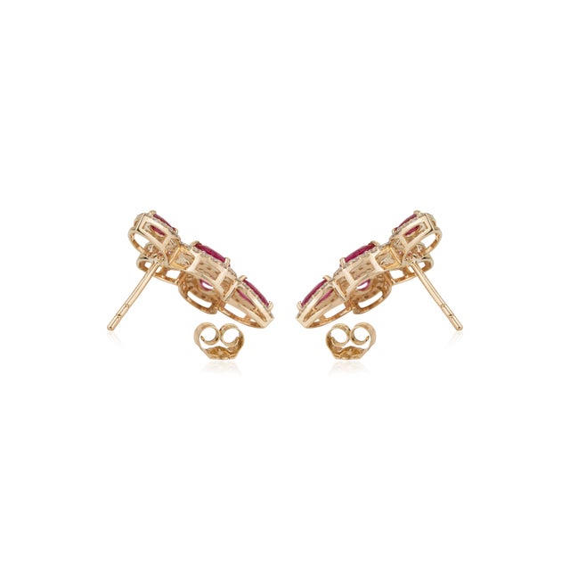 Ruby Red Luxury 14k Yellow Gold 1.83ct Pear Ruby Diamond Floral Stud Earrings- A Pair For Sale - Image 8 of 13