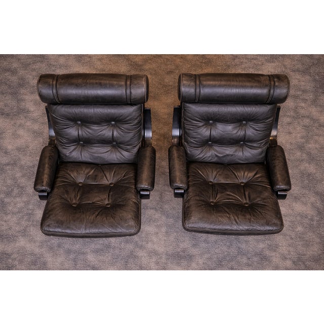 Mid-Century Modern Black Leather, Metal and Wood Spinning Armchairs, 1980s, Set of 2 For Sale - Image 6 of 7