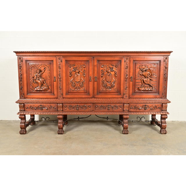 Antique Spanish Renaissance Revival Monumental Ornate Carved Walnut Sideboard or Bar Cabinet For Sale - Image 15 of 15