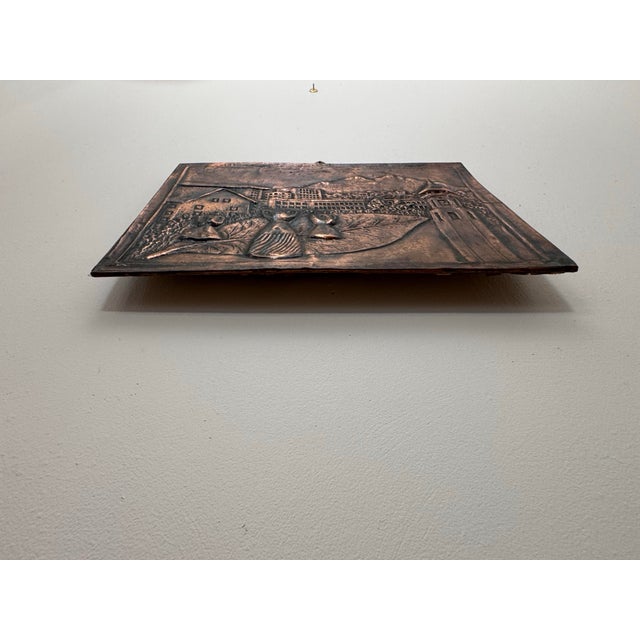 Vintage Rustic European Village Scene Copper Relief Repousse Wall Plaque For Sale - Image 9 of 15