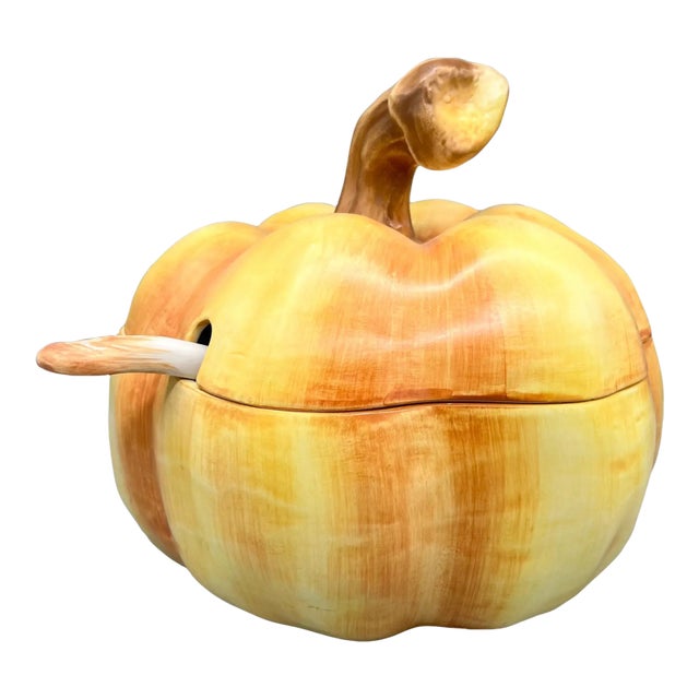 Vintage Italian Hand-Painted Pumpkin Tureen With Ladle – Majolica / Country French / Farmhouse Cottage For Sale