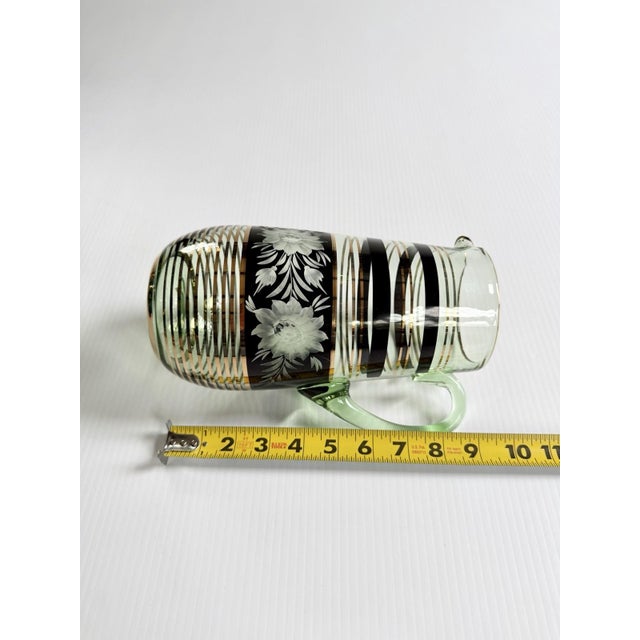 Vintage Mid-Century Modern Bohemian Green Glass Pitcher Cut Flowers, Gold & Black Bands For Sale - Image 17 of 17