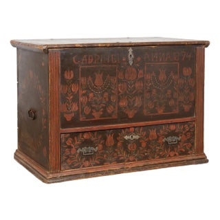 Original Painted Tall Pine Flat Top Trunk Dated 1874 For Sale