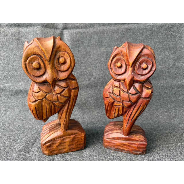 Vintage Carved MC Wooden Owls a Pair For Sale - Image 10 of 13