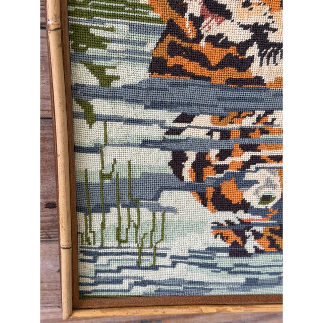 Vintage Boho Safari Tiger Needlepoint Wall Art in Bamboo Trim Frame For Sale In Naples, FL - Image 6 of 12