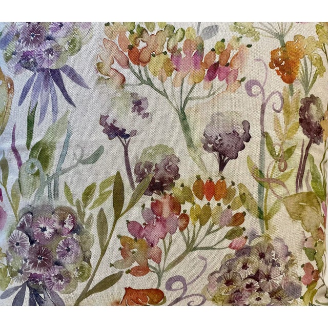 English 20” Square Pillow With a Purple and Orange Watercolor-Like Floral Print - Made in U K For Sale - Image 3 of 12