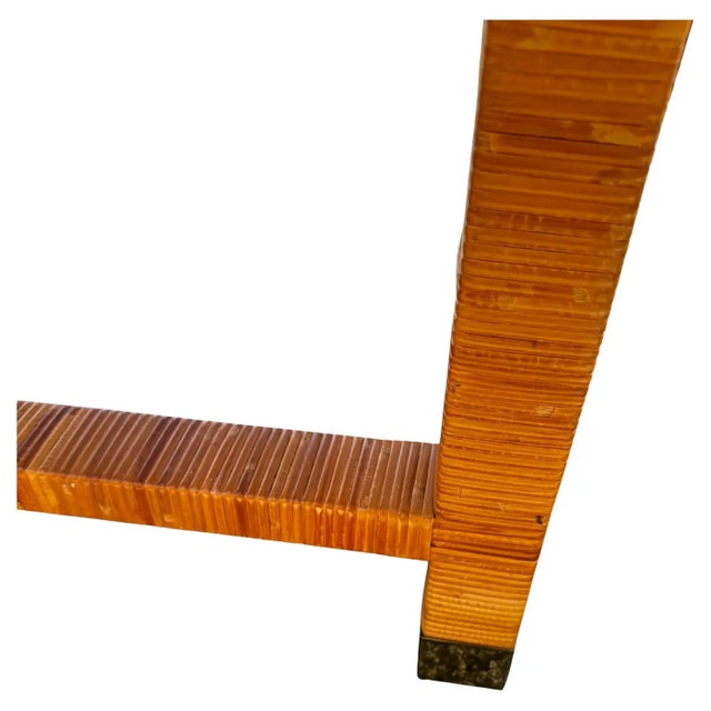 Vintage Demilune Laminate Top Rattan and Brass Console Table For Sale - Image 4 of 7