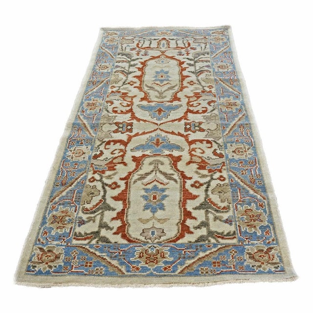 Islamic Afghan Sultanabad Master Wool 3x6 Ivory, Blue, & Red Handmade Runner Rug #1143761 For Sale - Image 3 of 7