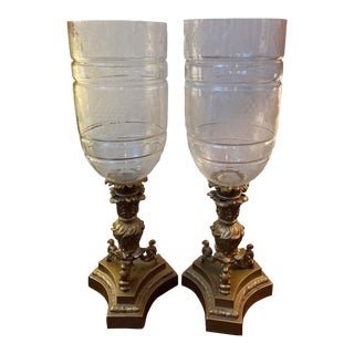 1920s Etched Glass and Gilt Hurricane Candleholders - a Pair For Sale