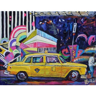 "Antique Taxi with Graffiti Wall" Contemporary Expressionist Style Cityscape Oil Painting by Natalia Bessonova For Sale